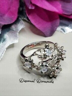 Clear White Diamond Flower Cocktail Ring on 925 Sterling Silver